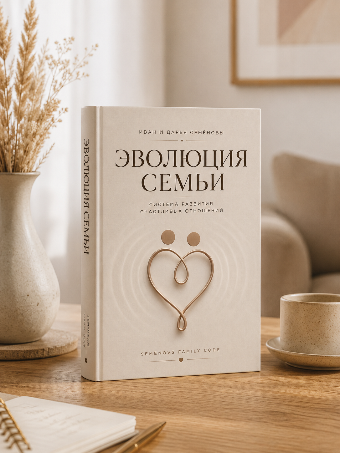 обложка книги "эволюция семьи. система развития счастливых отношений" в интерьере